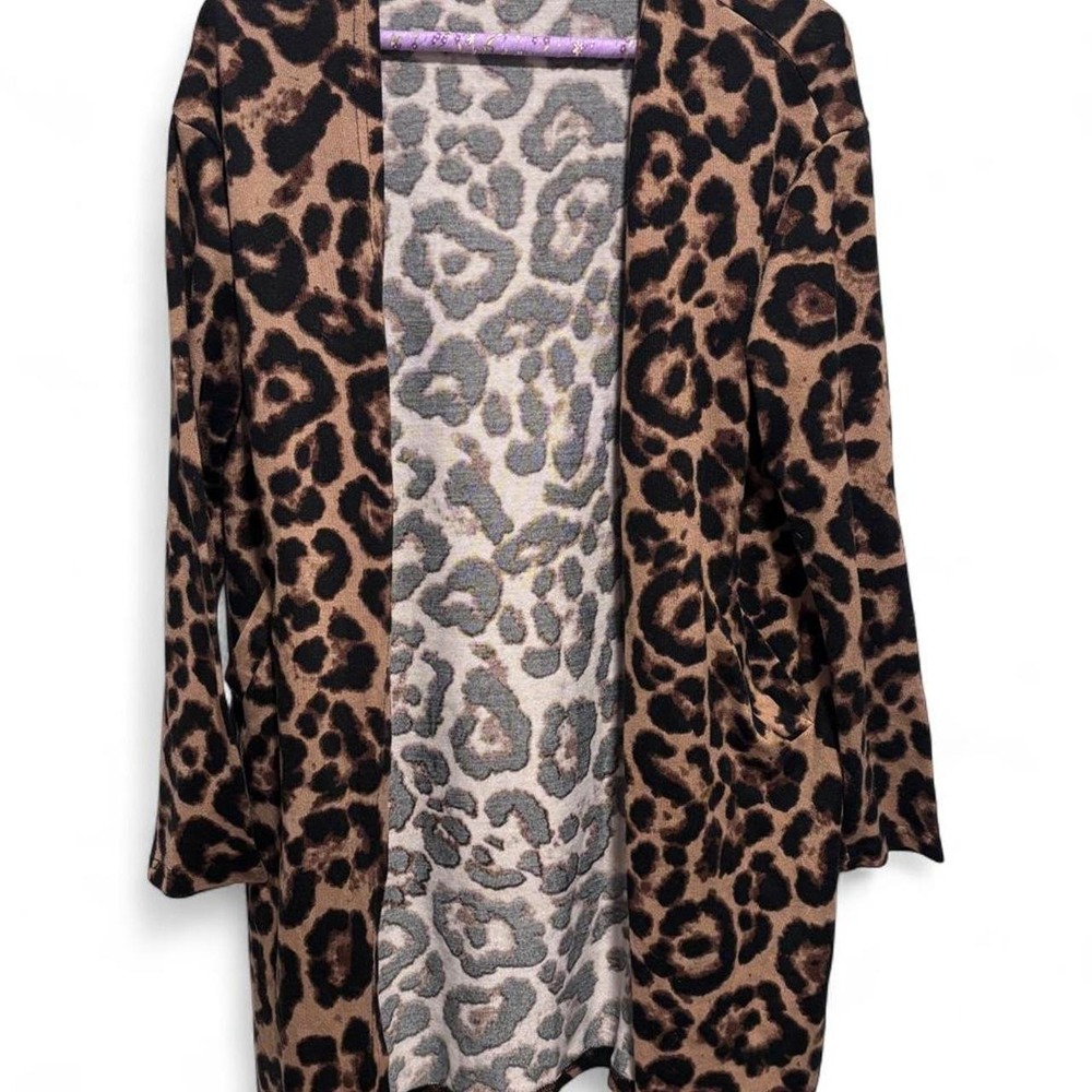 Leopard Print Open-Front Midi Cardigan Brown Black Duster Pocket Sweater M